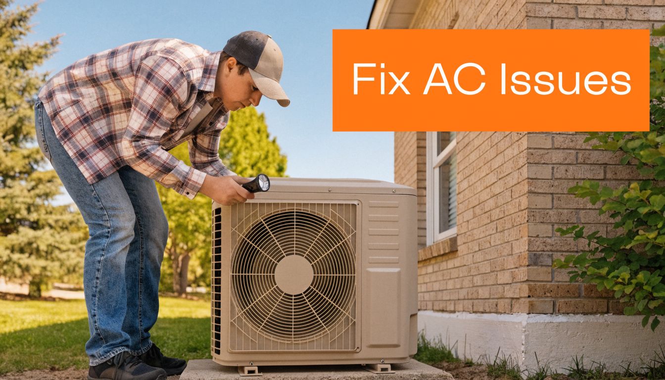 A professional technician using a flashlight to inspect an outdoor residential air conditioning unit for repairs.