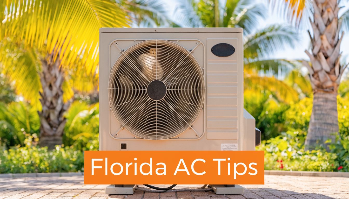 A modern outdoor air conditioning unit set against a lush, tropical Florida landscape with palm trees.