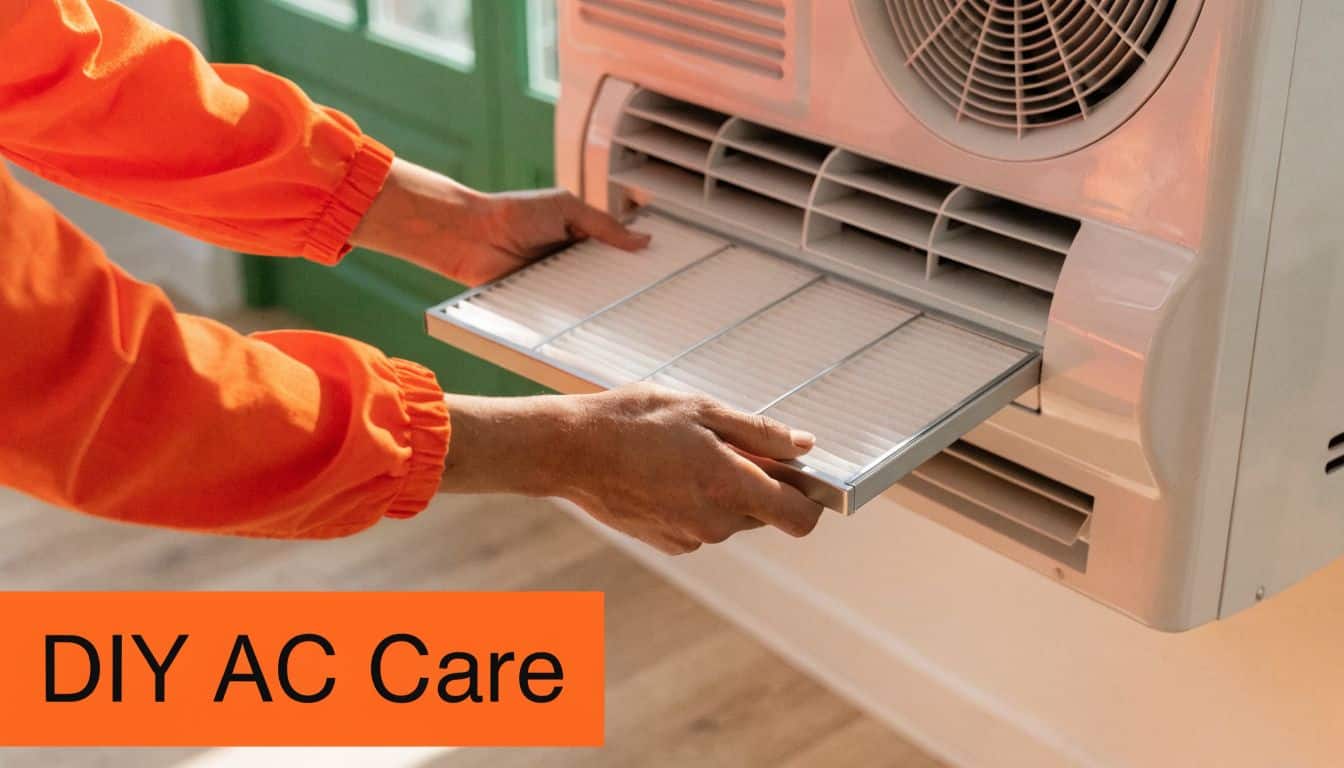 A person in an orange jacket removes a clean air conditioner filter for home maintenance.