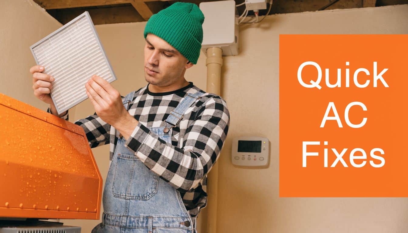 A technician wearing a green beanie checks a dirty air conditioner filter for quick AC repairs.