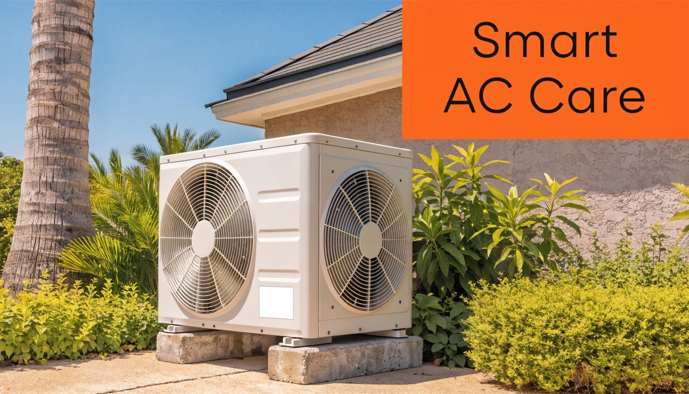 An outdoor air conditioner condenser unit placed on concrete blocks next to a house with lush landscaping.