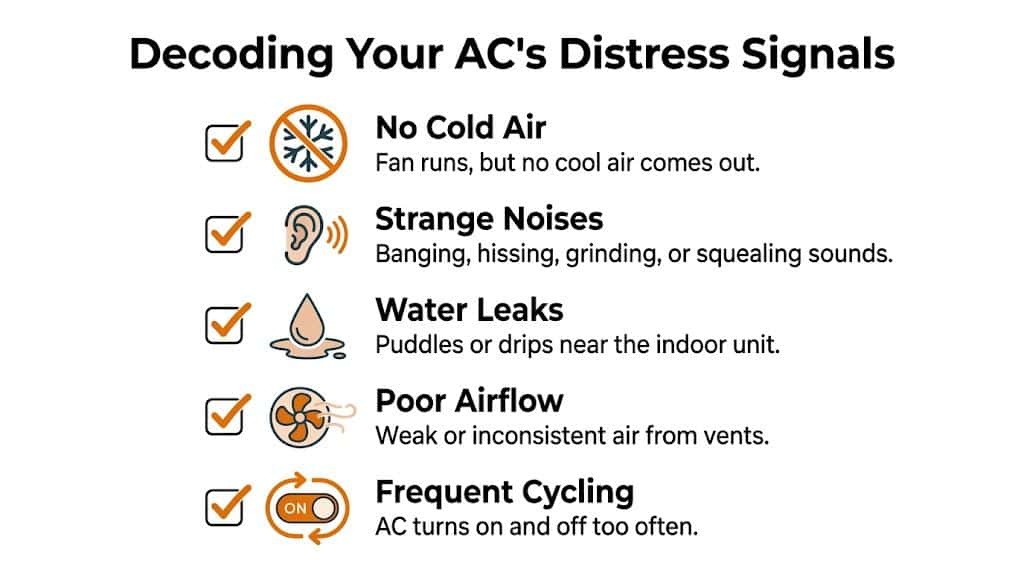 A list of five common air conditioner distress signals including no cold air, strange noises, leaks, poor airflow, and frequent cycling.