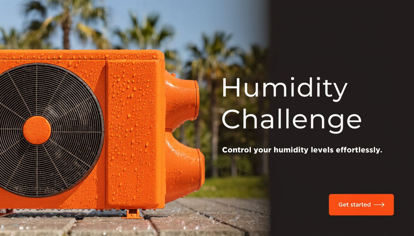 A modern orange air conditioning unit sits outdoors on a paved surface with palm trees nearby.