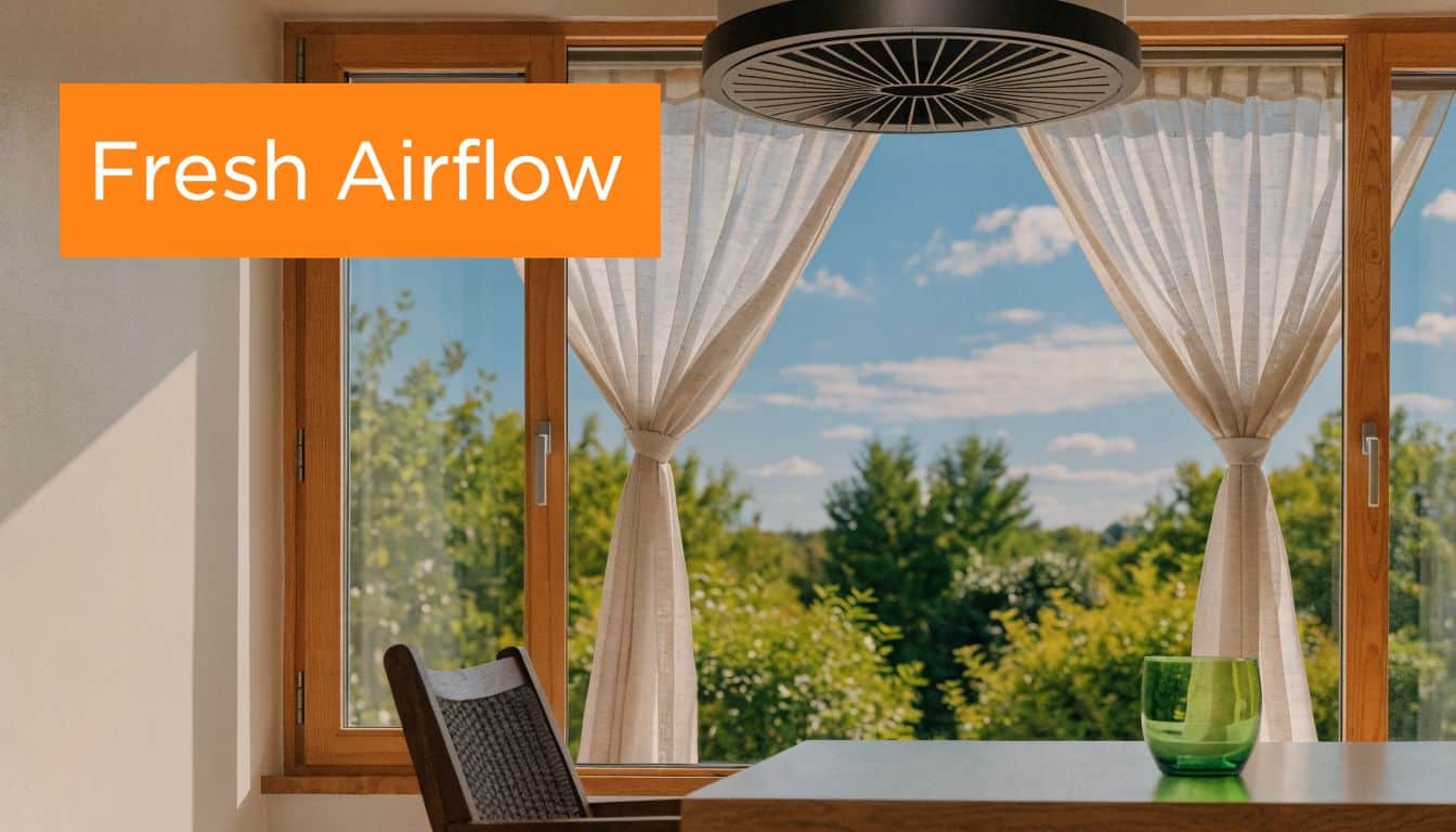 A modern ceiling fan installed above a sunny dining area with large windows overlooking lush green trees.