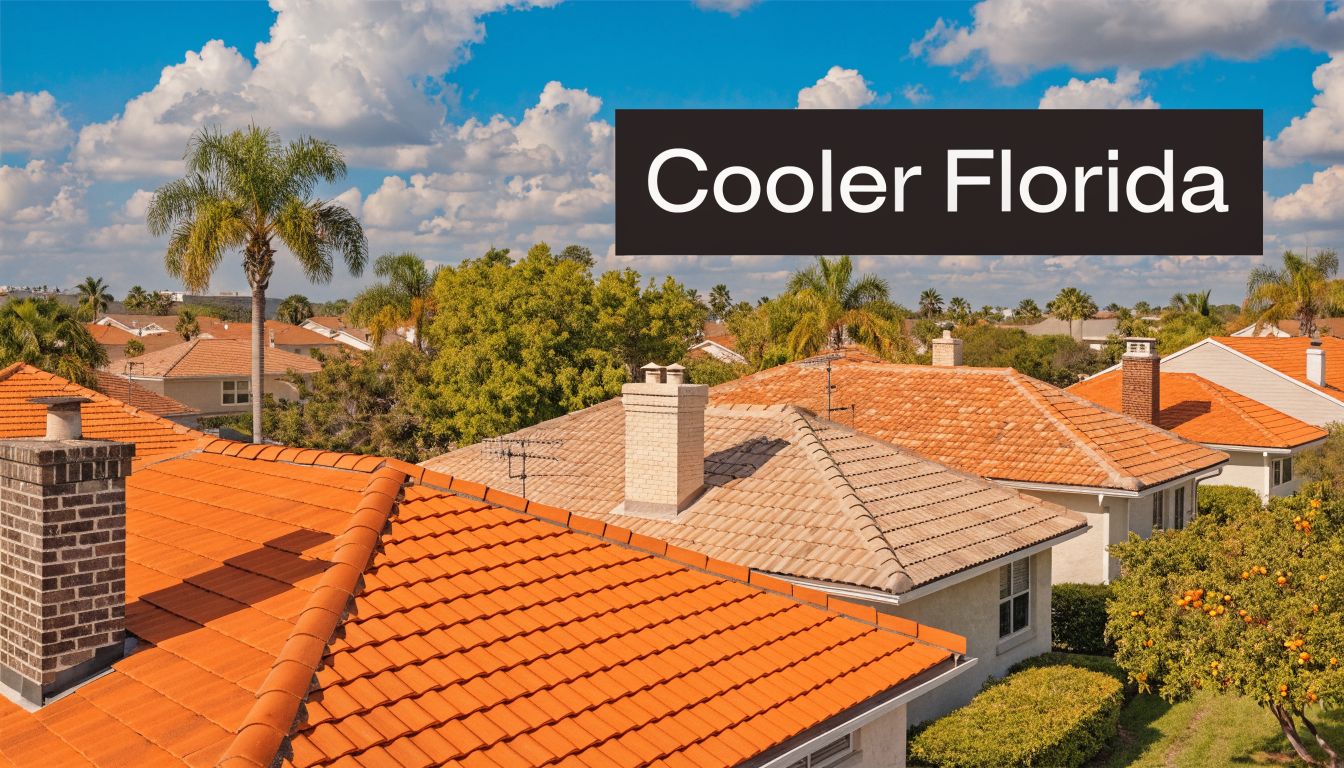 A scenic view of a Florida neighborhood with orange tiled roofs and green trees under a blue sky.