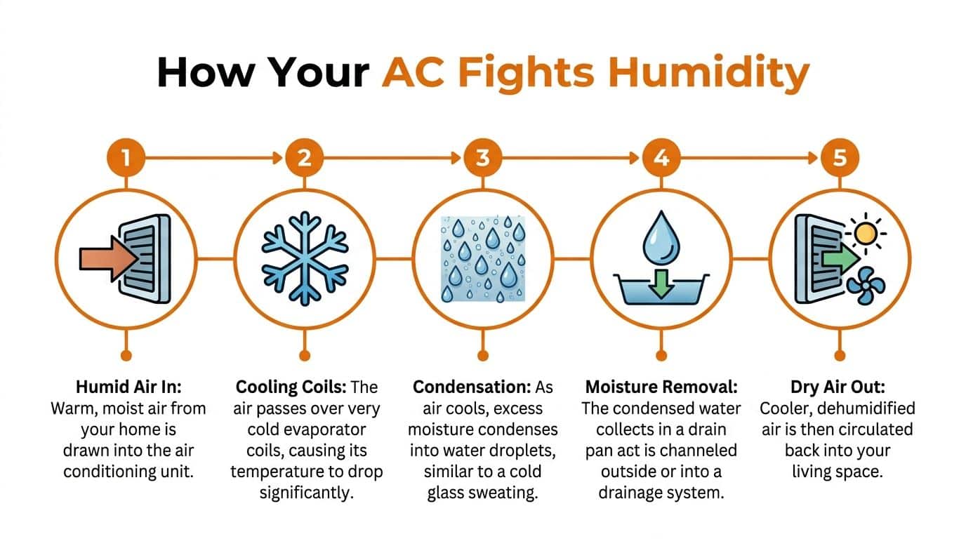 A five-step infographic showing how an air conditioner removes humidity from indoor air through cooling and condensation.