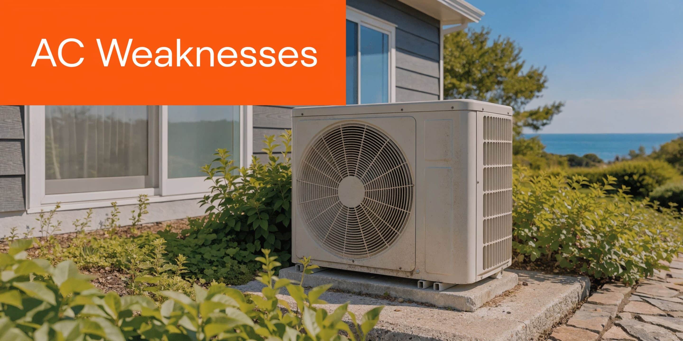 An outdoor air conditioning compressor unit sits on a concrete pad in a garden next to a house.
