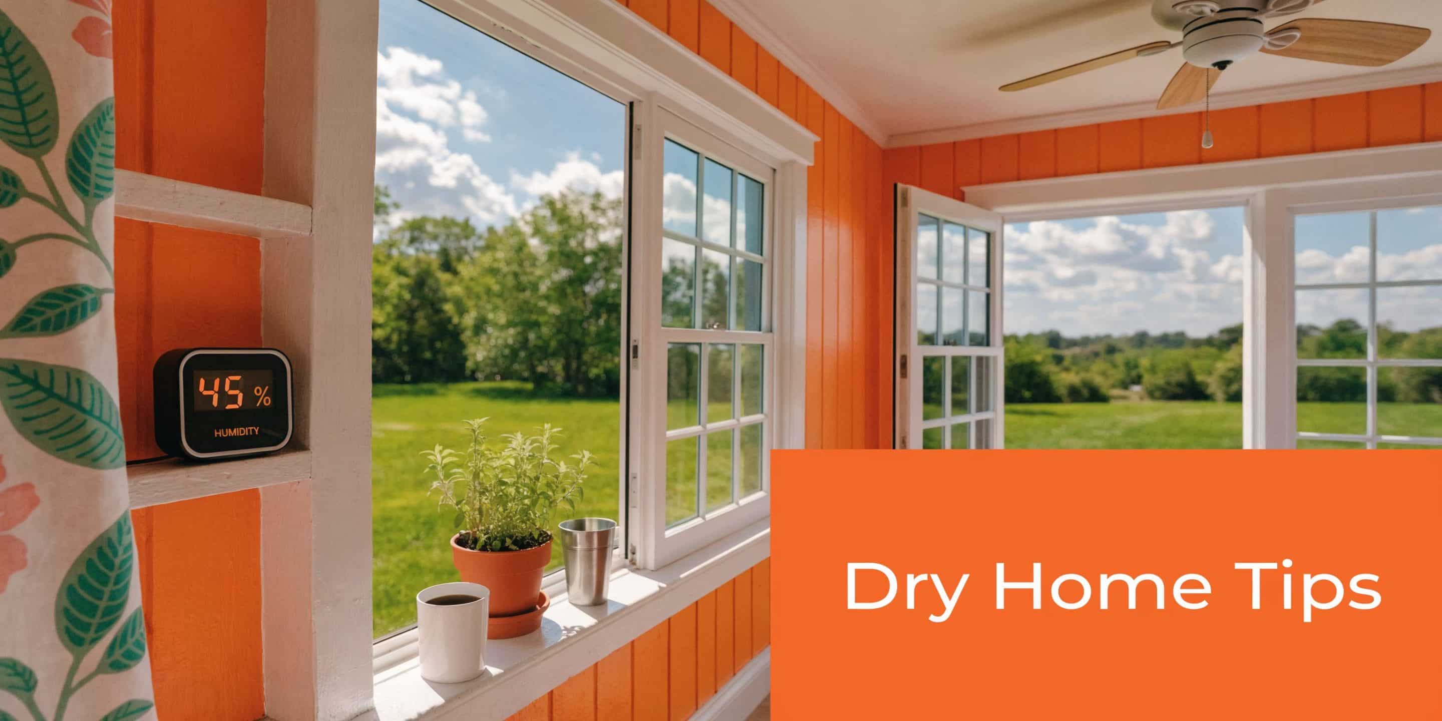 A bright room with orange walls featuring a humidity monitor showing 45 percent and a lush garden view.
