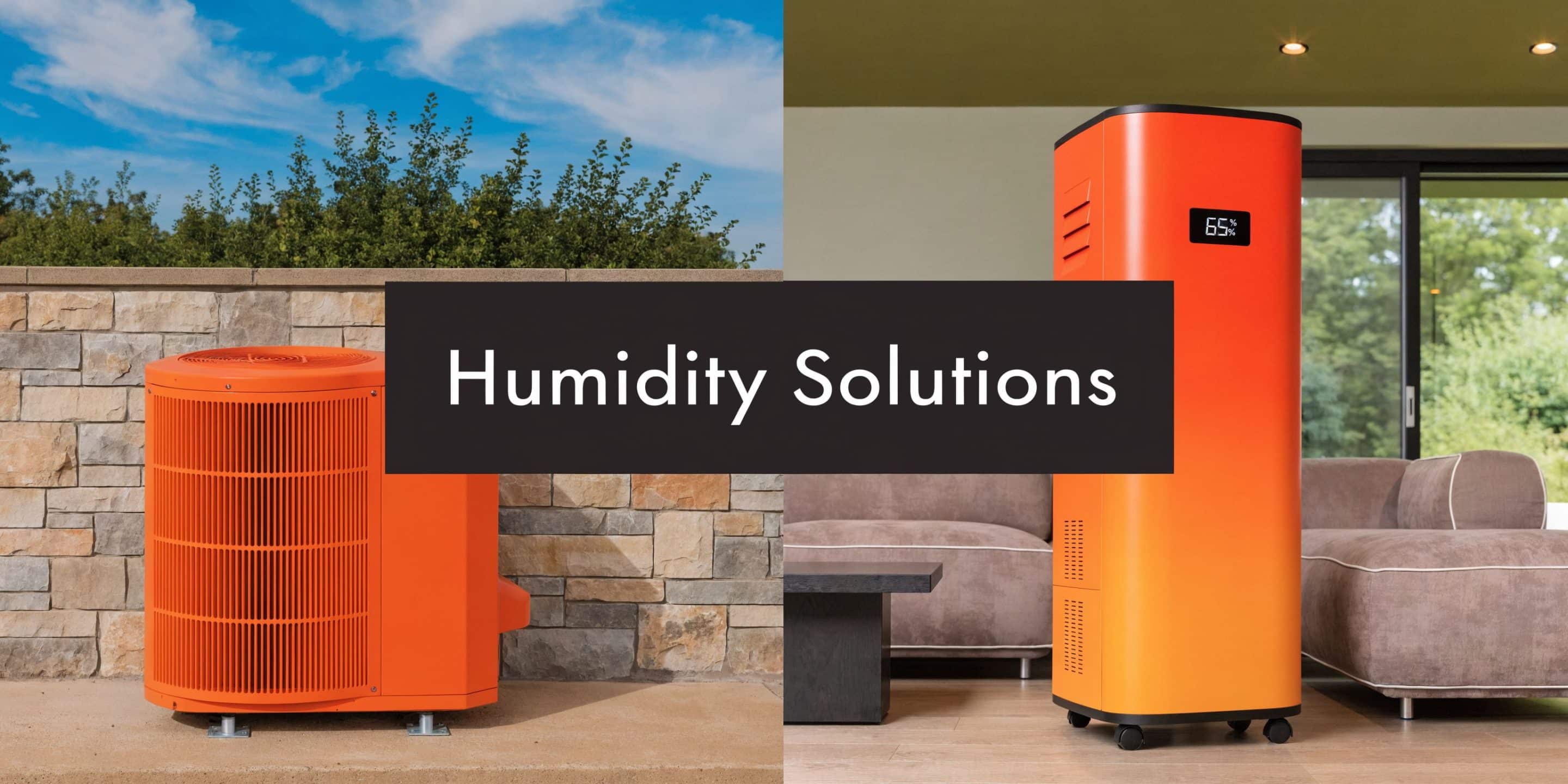 A split image showing an orange outdoor HVAC unit and an orange indoor dehumidifier unit for humidity control.