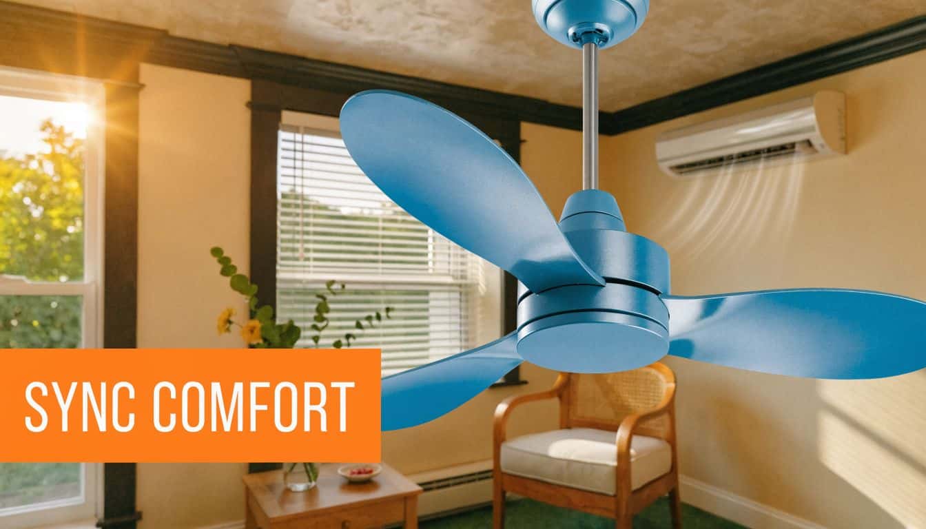 A modern blue ceiling fan spinning in a living room with an air conditioner mounted on the wall.
