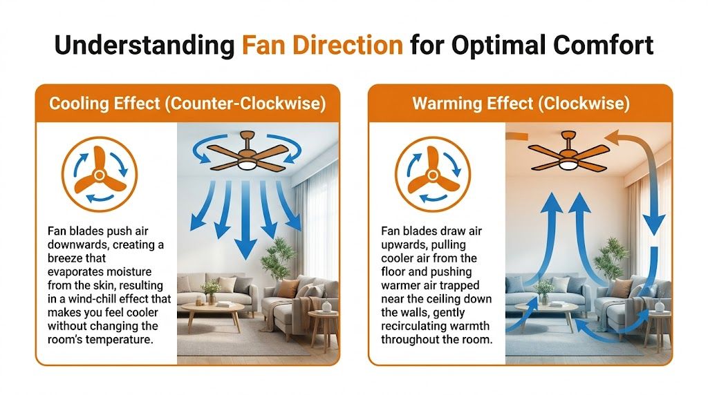 An infographic illustrating how ceiling fan direction impacts room temperature for cooling and warming comfort.
