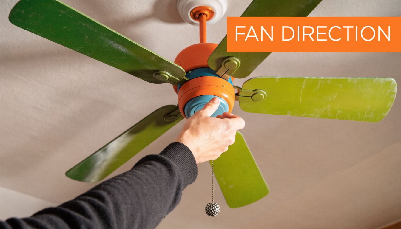 A hand reaching up to adjust the switch on a colorful ceiling fan indoors