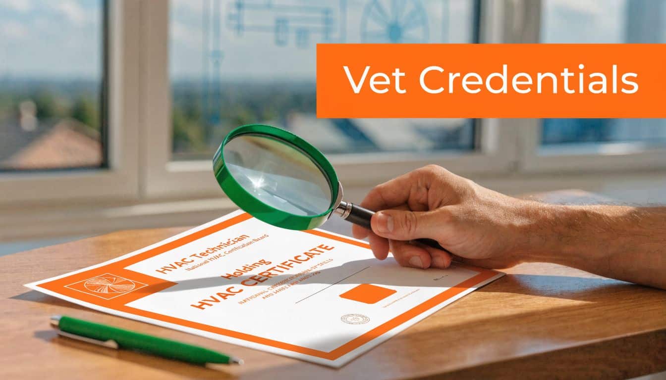 A hand holds a magnifying glass over an HVAC technician certificate on a wooden desk.