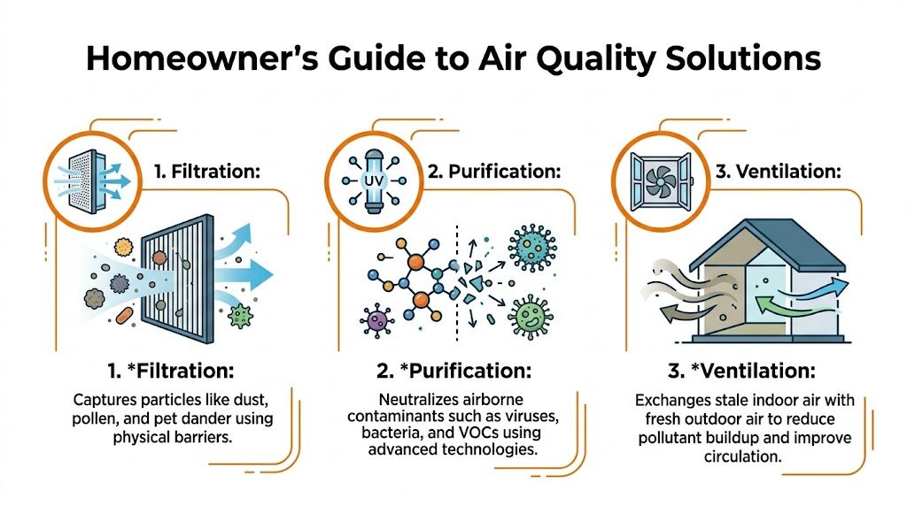 An infographic illustrating three methods for improving home air quality: filtration, purification, and ventilation.