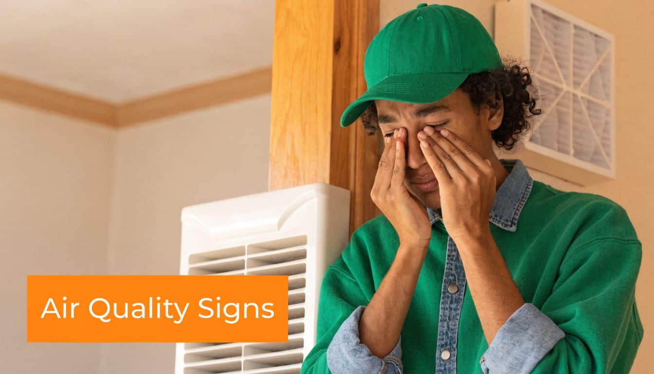 A person in a green shirt and hat rubs their tired eyes while standing indoors.
