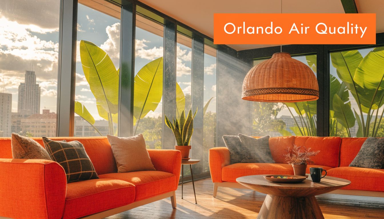 A modern living room with orange sofas and large windows overlooking a city, featuring bright indoor plants.
