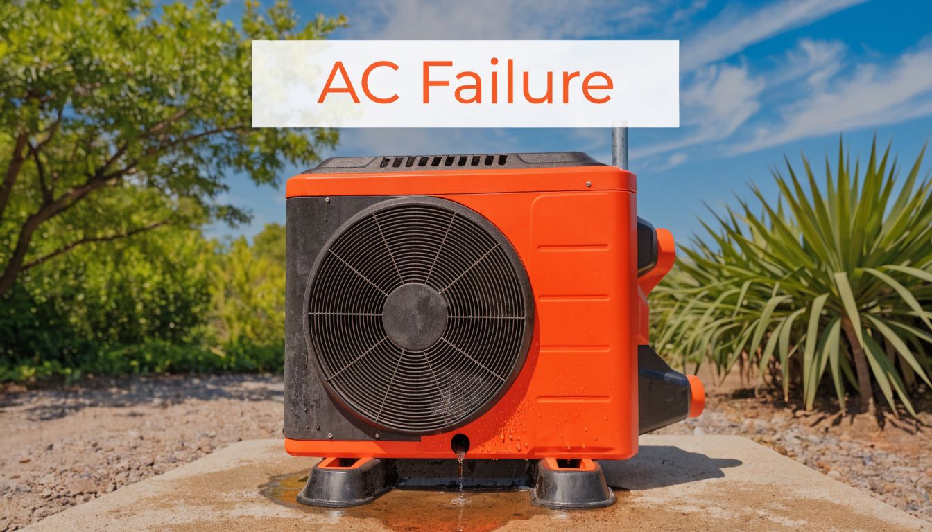 An orange air conditioner unit sitting on a concrete pad outdoors with visible water leaking underneath.