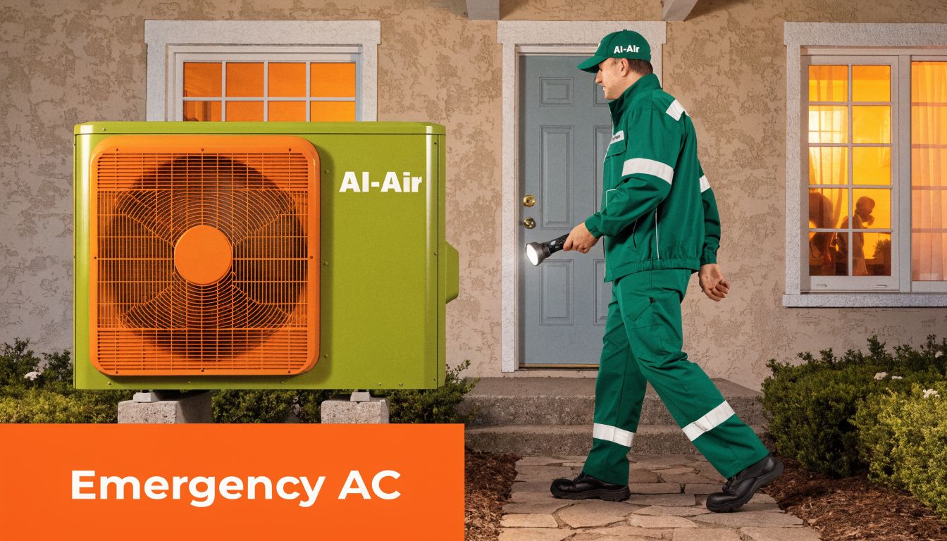 An Al-Air technician in a green uniform inspects an air conditioning unit outside a residential home at night.