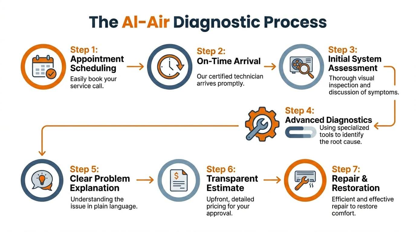 A graphic illustration detailing the seven steps of the professional AC diagnostic and repair process.