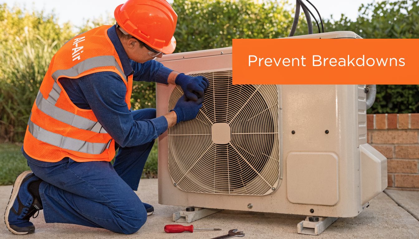 A professional HVAC technician in a hard hat and high-visibility vest repairing an outdoor air conditioner unit.