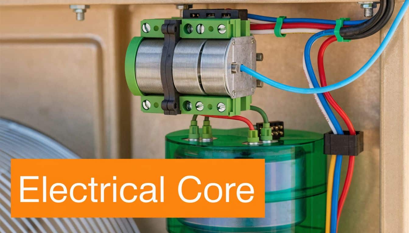 A close-up view of the electrical core components and wiring inside a central air conditioning unit.