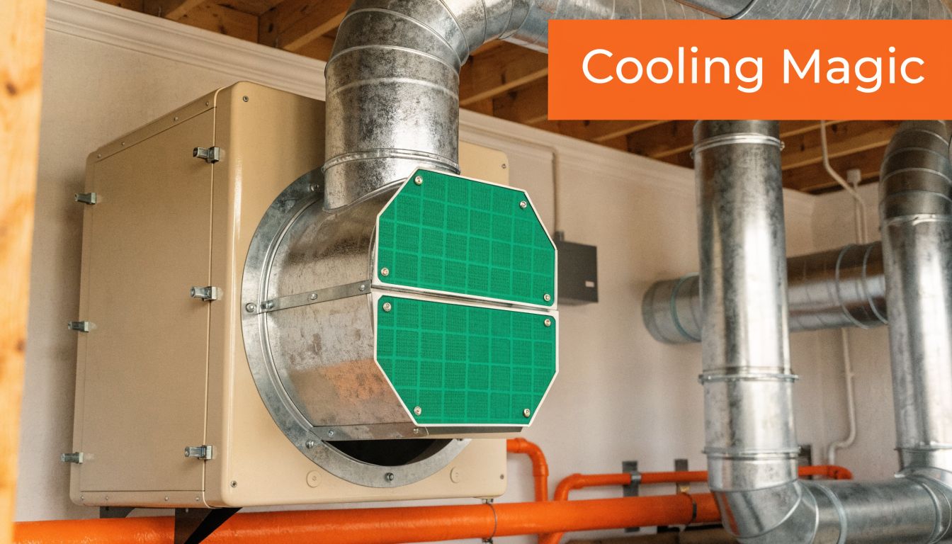 A close up view of a modern HVAC system unit featuring green filters installed in a residential basement