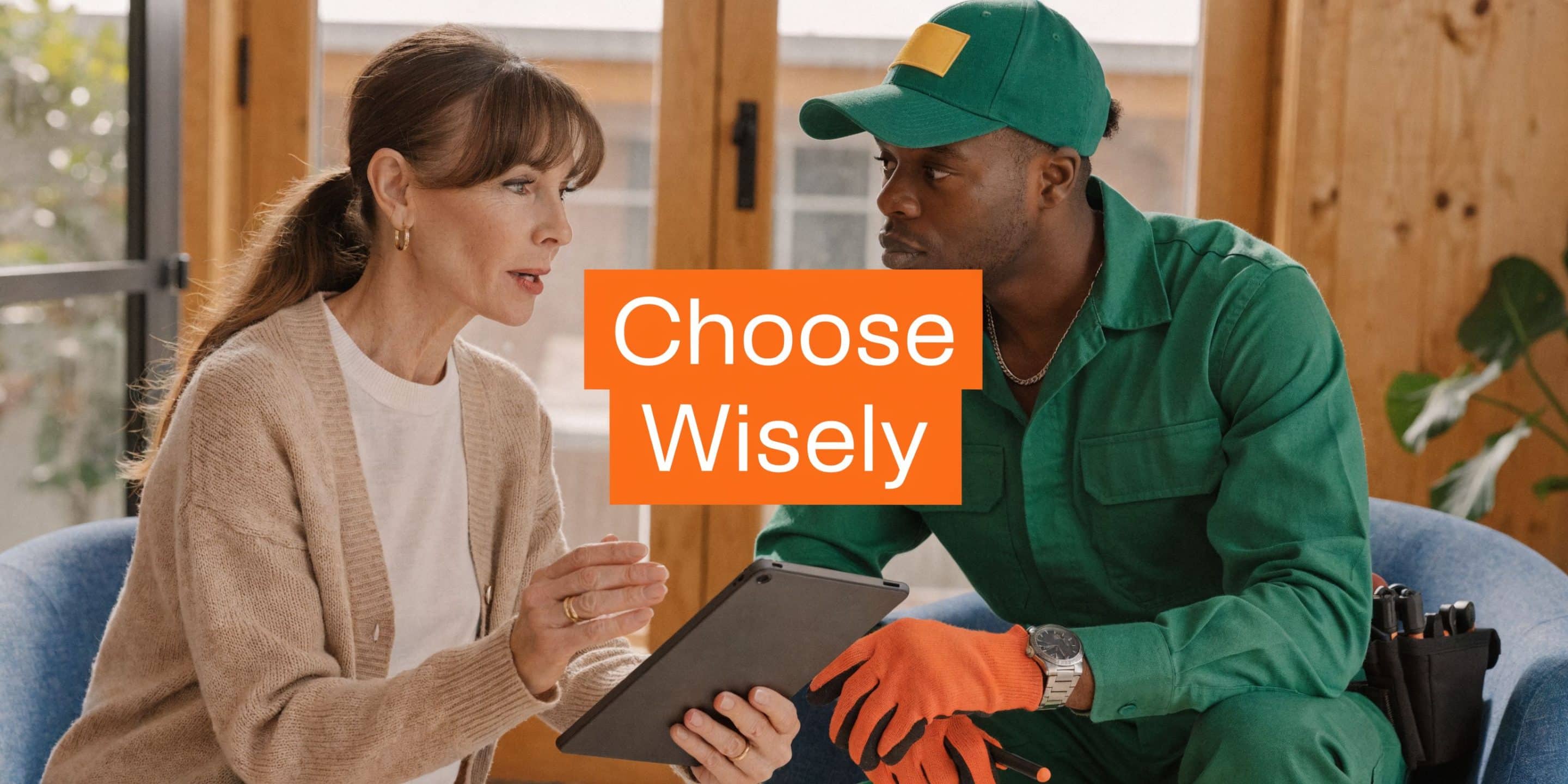 A woman discussing repair or service details with a professional technician while looking at a digital tablet.