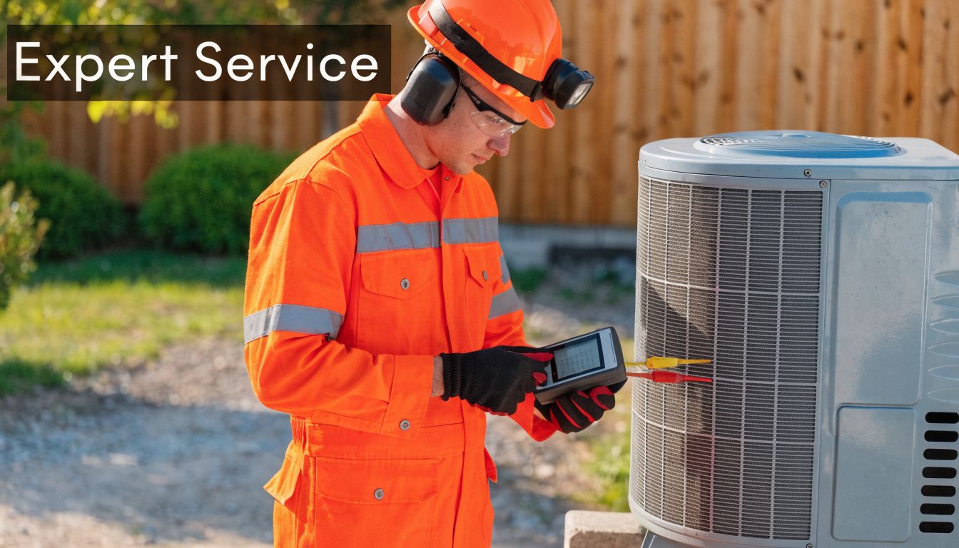 A professional HVAC technician in orange gear testing an outdoor air conditioning unit with a handheld meter.