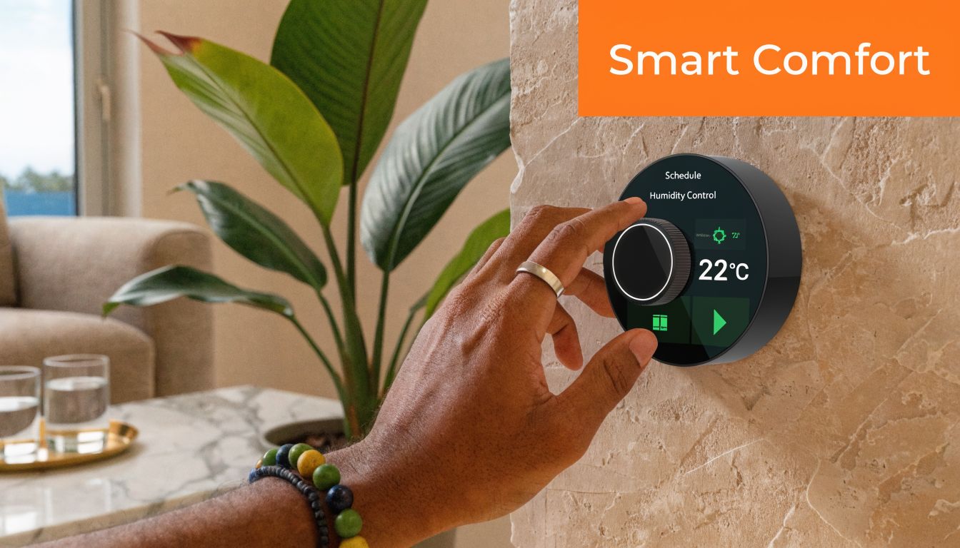 A person adjusting the recommended air conditioning temperature on a smart thermostat mounted on a stone wall.