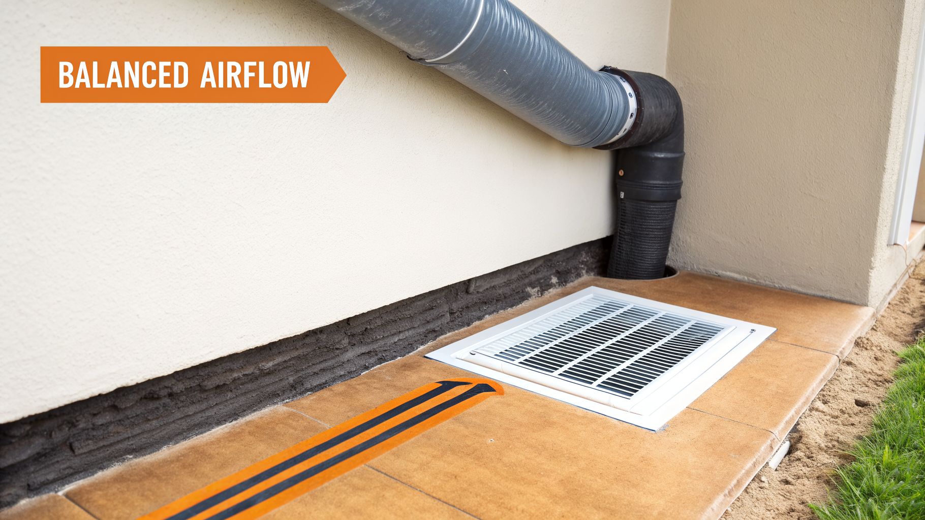 A modern outdoor ventilation system featuring a white vent, ductwork, and 'BALANCED AIRFLOW' label.