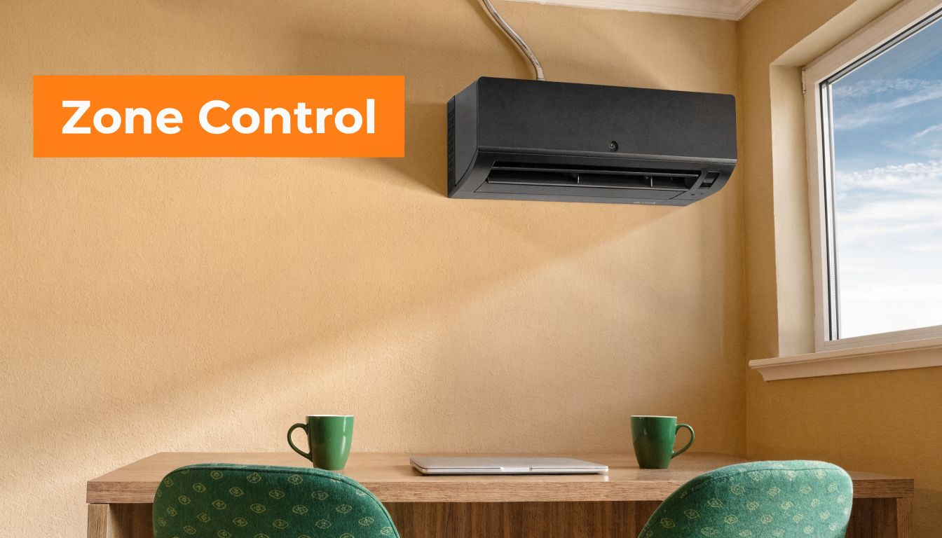 A modern black ductless mini-split air conditioning unit mounted on a beige wall above a wooden desk.