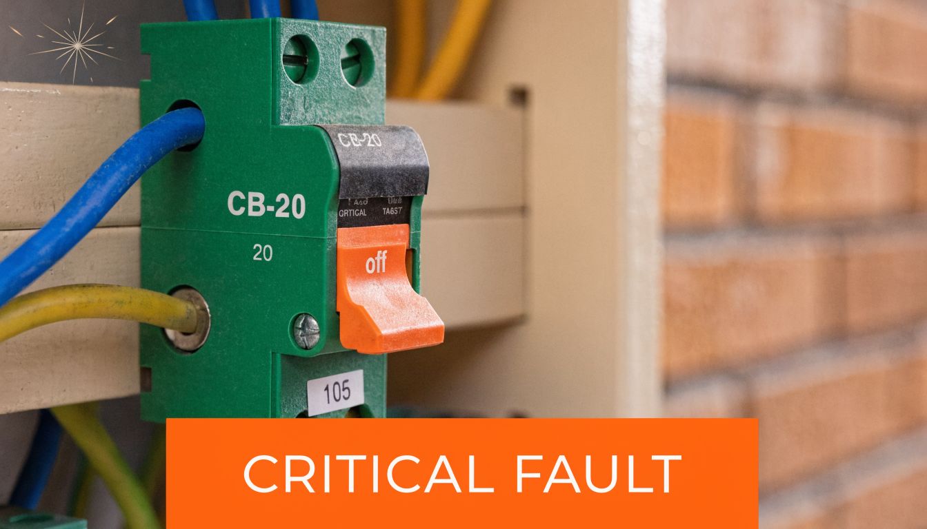 A close-up view of an electrical circuit breaker labeled 20 turned off with a critical fault label.