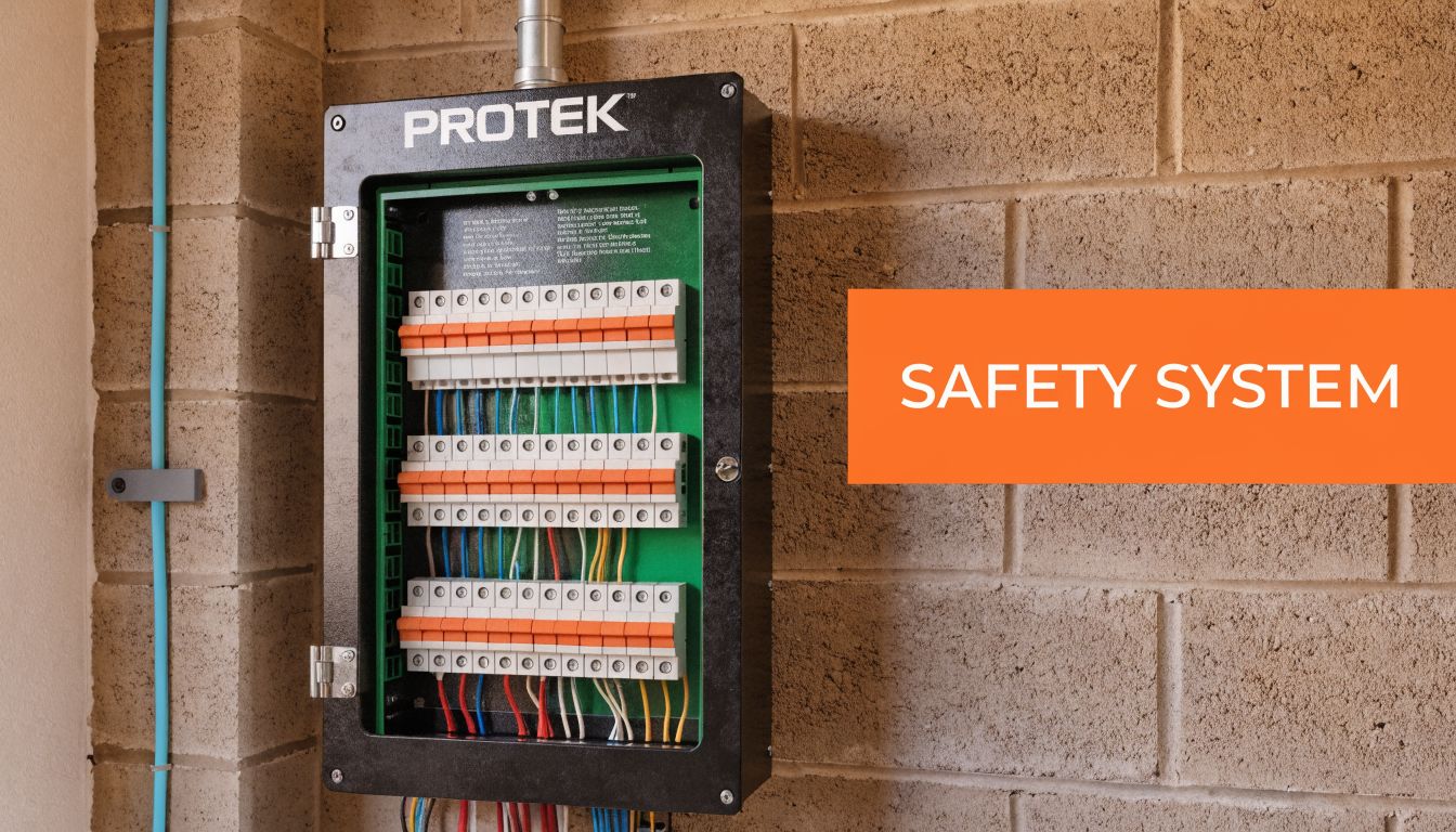 An open Protek brand electrical circuit breaker box mounted on a textured beige brick wall.
