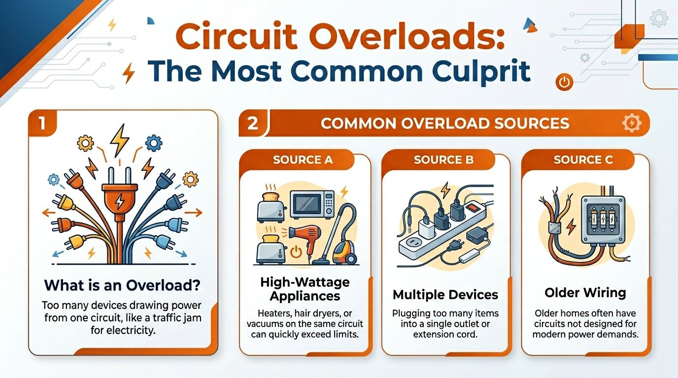 An infographic explaining circuit overloads, including causes like high-wattage appliances, power strips, and older electrical wiring.