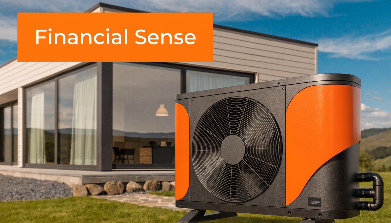 A modern orange and black heat pump unit placed on a lawn in front of a contemporary home.