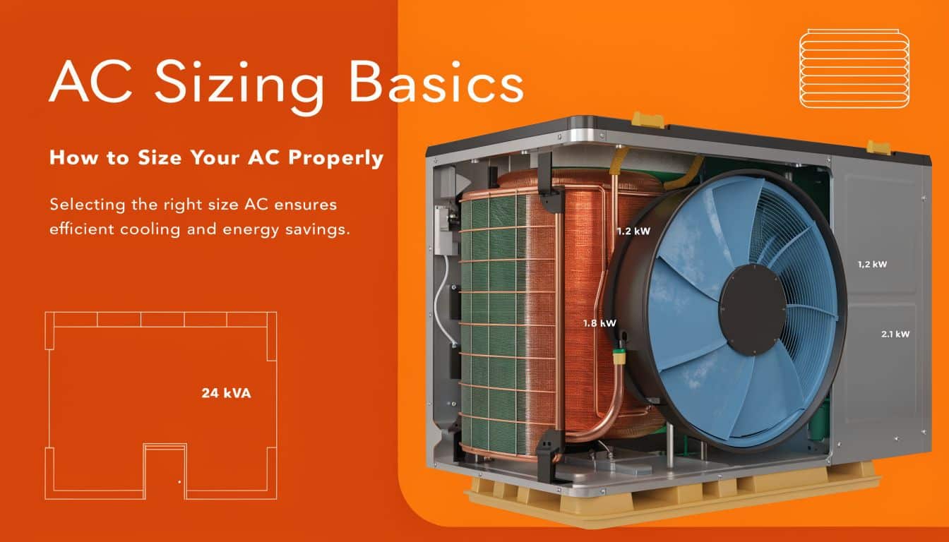 A diagram illustrating AC unit sizing with an outdoor condenser unit and a room floor plan.