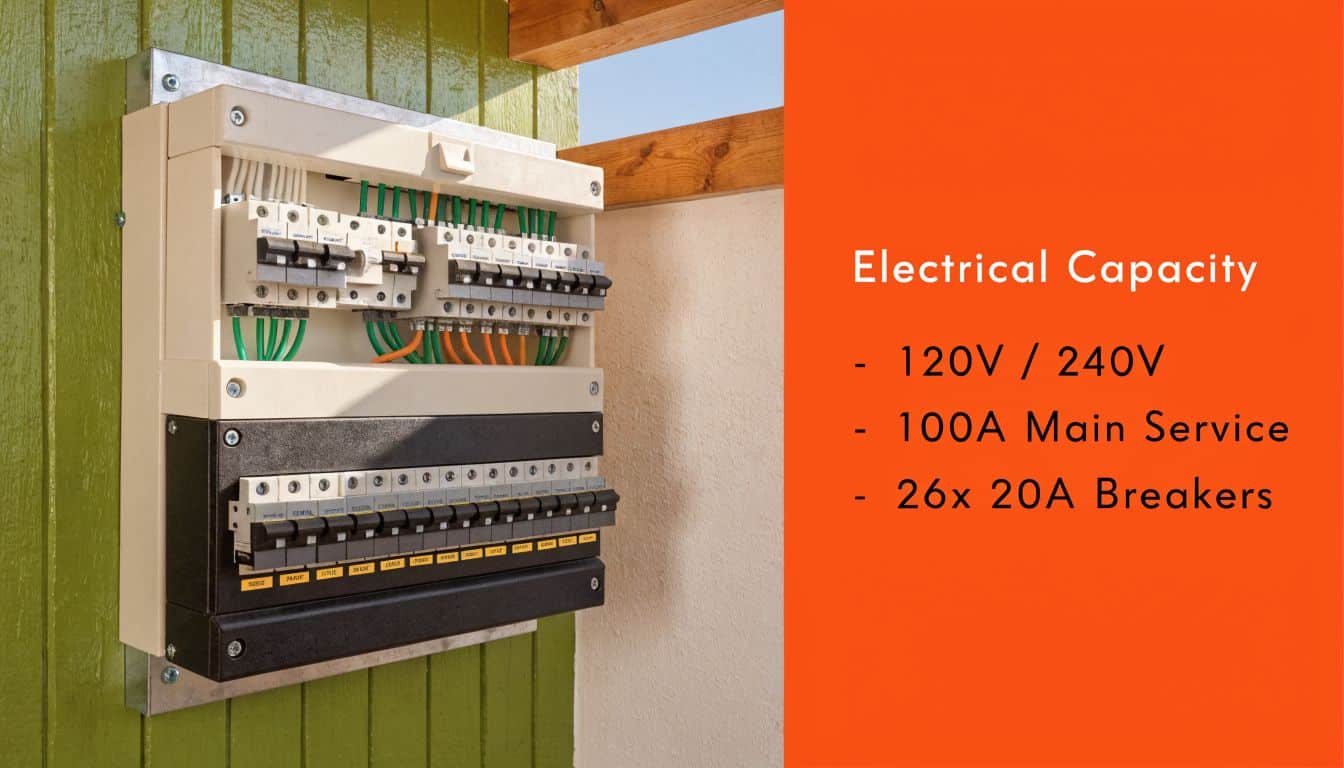 An electrical breaker panel mounted on a green wall with text listing its 100A capacity specifications.