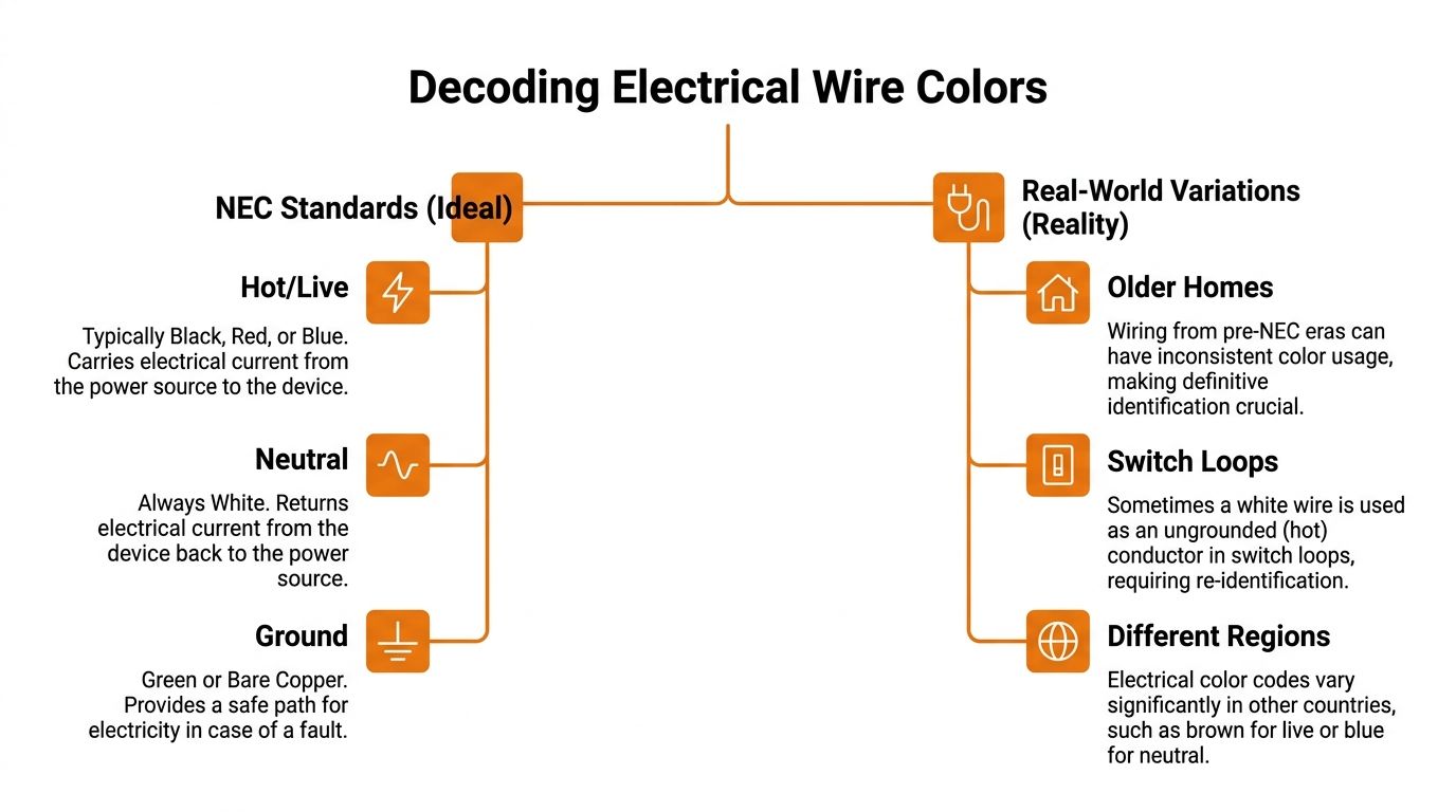A diagram explaining standard NEC electrical wire colors versus real-world wiring variations found in homes.