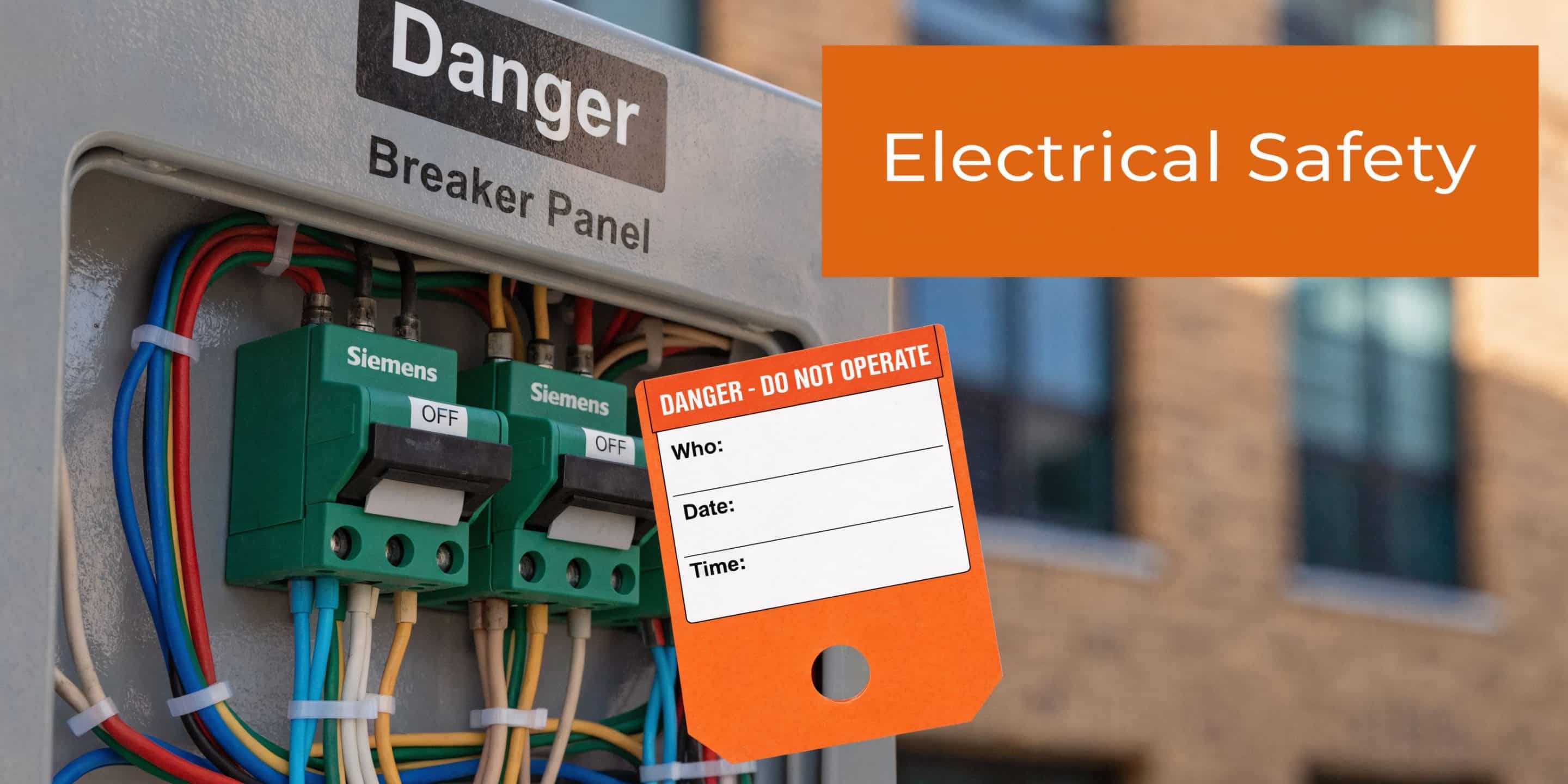 An open electrical breaker panel with Siemens switches and a danger do not operate lockout tag attached.