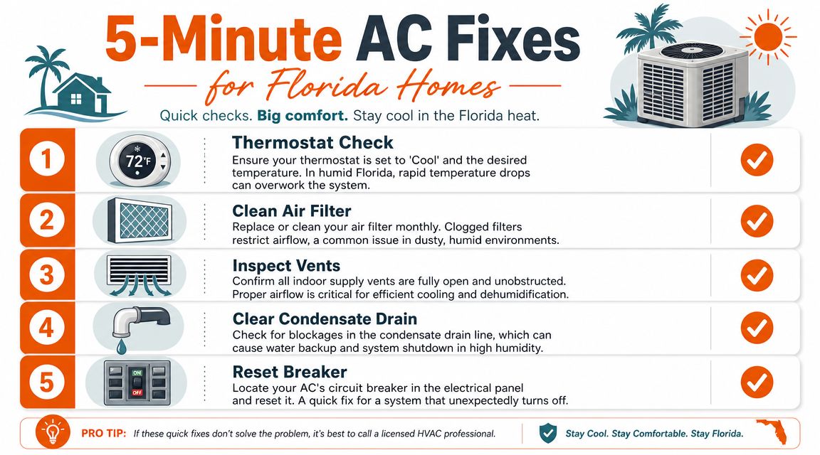 An infographic titled 5-Minute AC Fixes for Florida Homes, showing five quick troubleshooting steps for air conditioners.