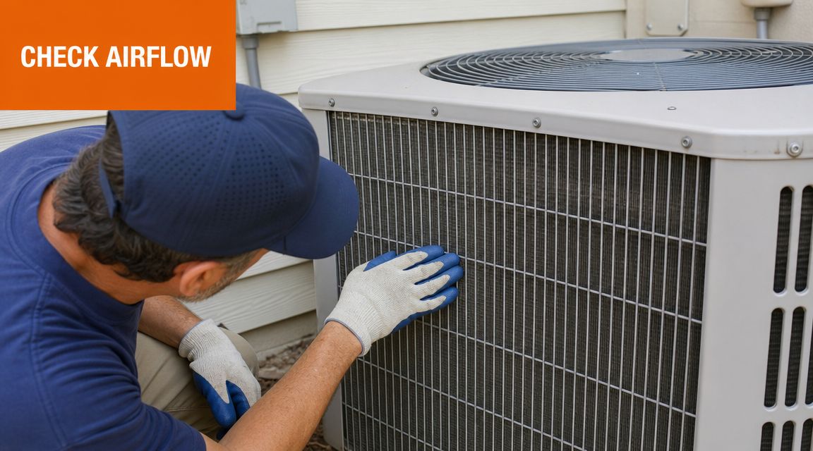 A technician wearing work gloves inspecting the external condenser unit of an air conditioning system.