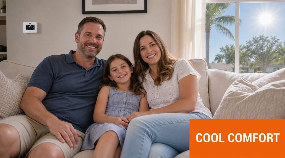 A happy family sitting on a couch in a cozy home with a thermostat on the wall.