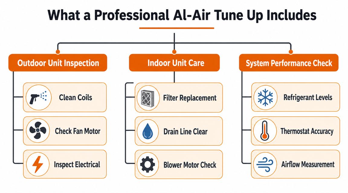 A professional AC tune up infographic detailing inspections for outdoor units, indoor unit care, and system performance checks.