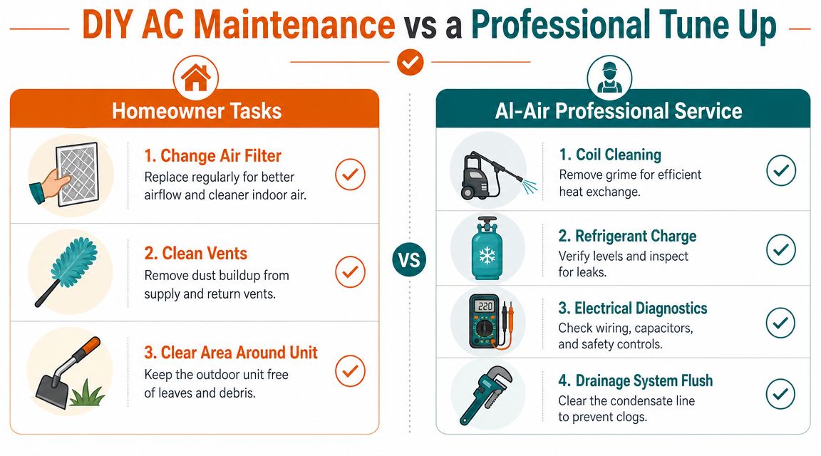 A comparison infographic showing DIY home air conditioner maintenance tasks versus professional AC tune-up service procedures.