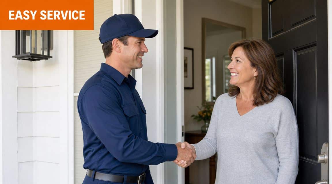 A professional service technician shaking hands with a smiling female customer at her front door.