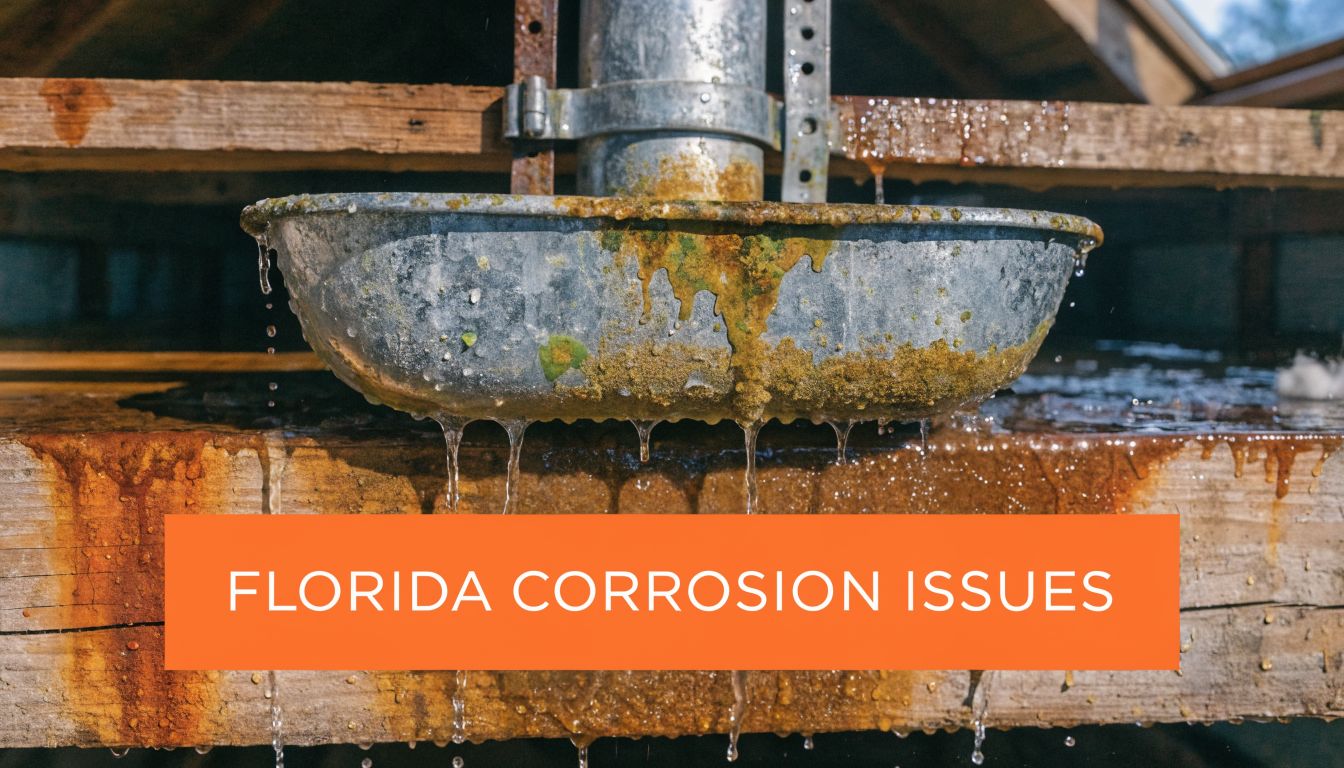 A rusty metal air conditioner condensation pan dripping water onto wooden support beams in Florida.