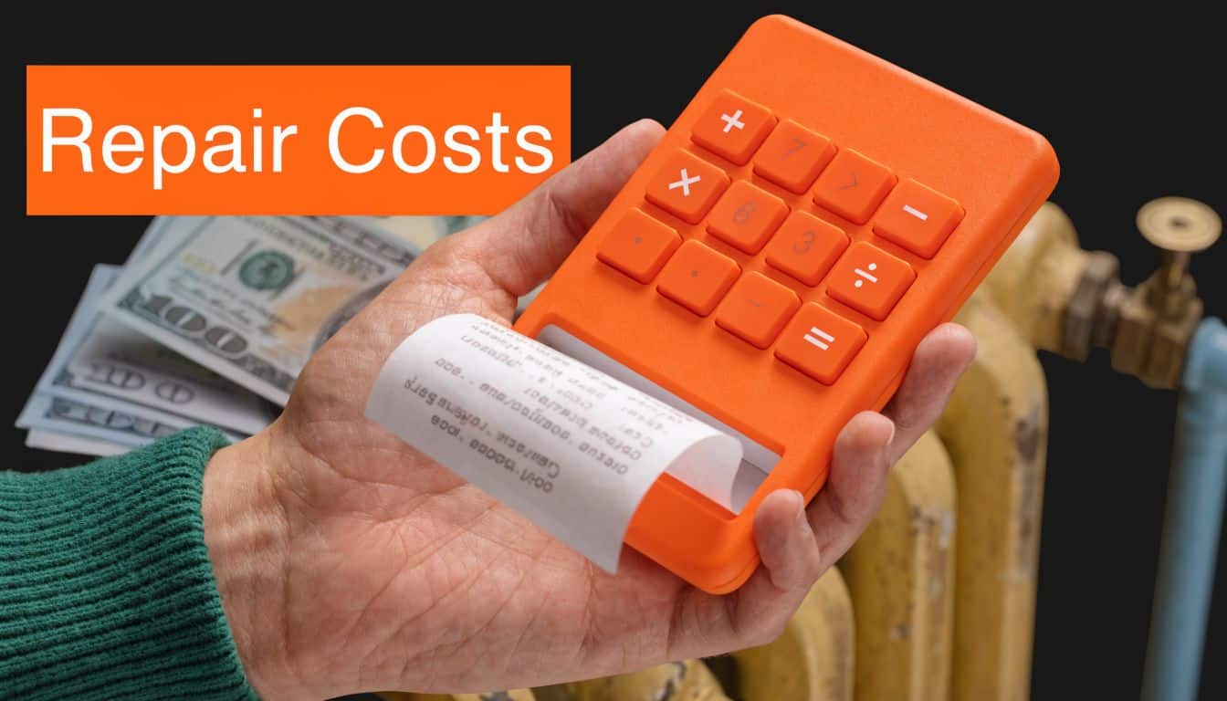 A person holding an orange calculator with a receipt against a background of money and a heater.
