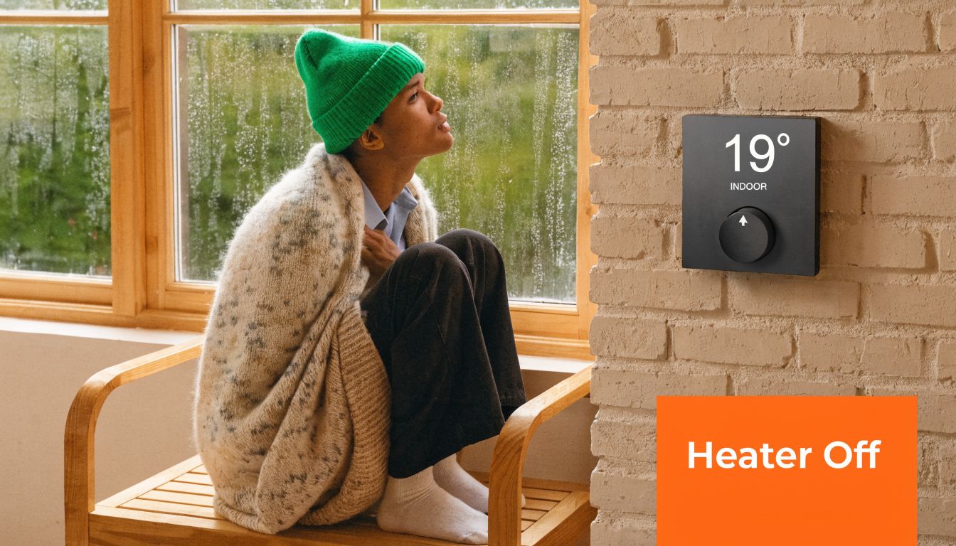 A person wearing a beanie and wrapped in a blanket feels cold next to a thermostat displaying 19°C.