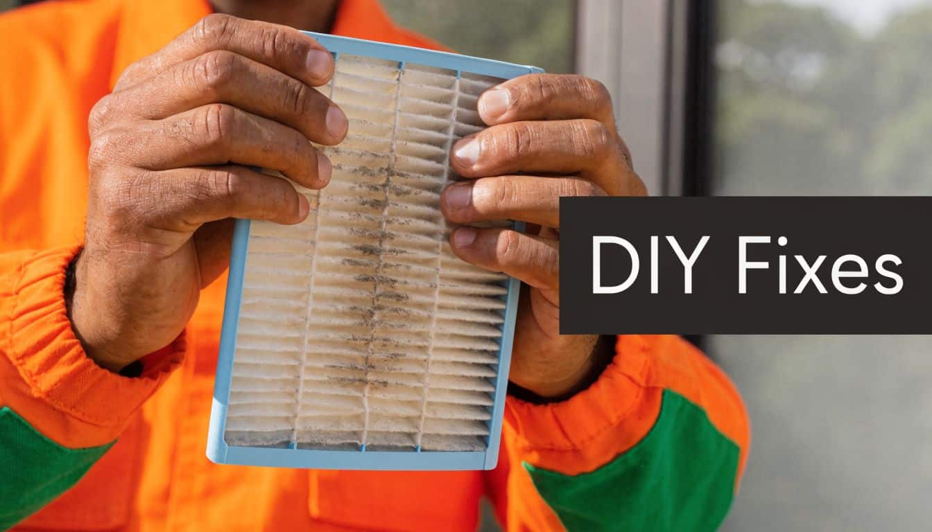 A person in orange work clothes holding a dirty, dust-covered rectangular HVAC air filter.