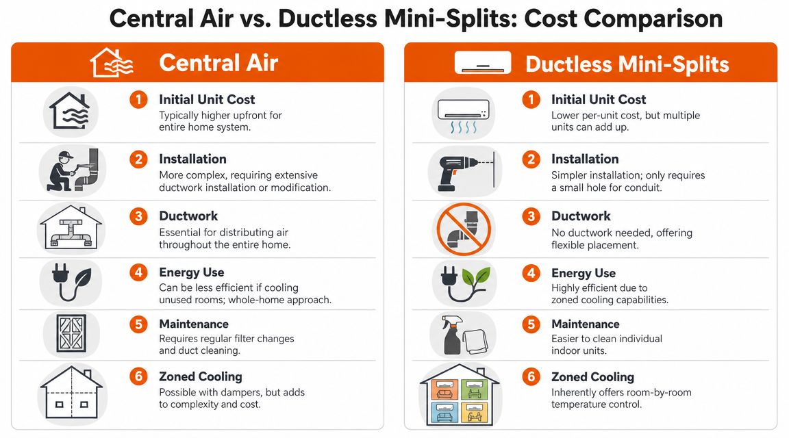 A comparison infographic between central air conditioning systems and ductless mini-split units for home cooling.